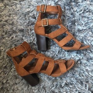 Brown Caged Open Toe Block Heels